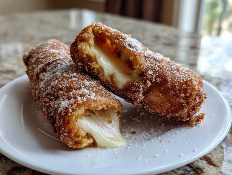 A close-up of a Korean corn dog cut in half showing a dramatic mozzarella cheese pull, dusted with sugar.