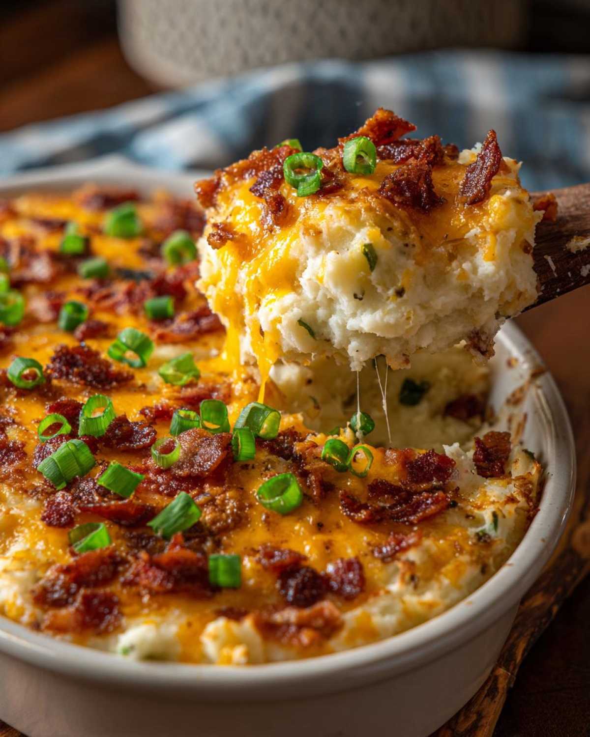 A wooden spoon lifts a cheesy serving from a dish of baked mashed potatoes topped with bacon and green onions.