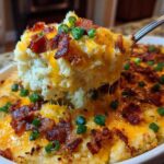 A spoonful of cheesy, loaded baked mashed potatoes topped with bacon and green onions being lifted from the dish.
