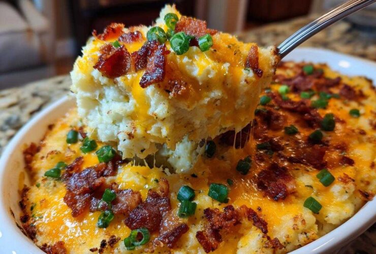 A spoonful of cheesy, loaded baked mashed potatoes topped with bacon and green onions being lifted from the dish.