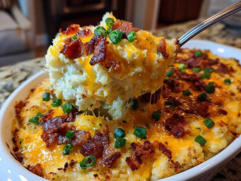 A spoonful of cheesy, loaded baked mashed potatoes topped with bacon and green onions being lifted from the dish.