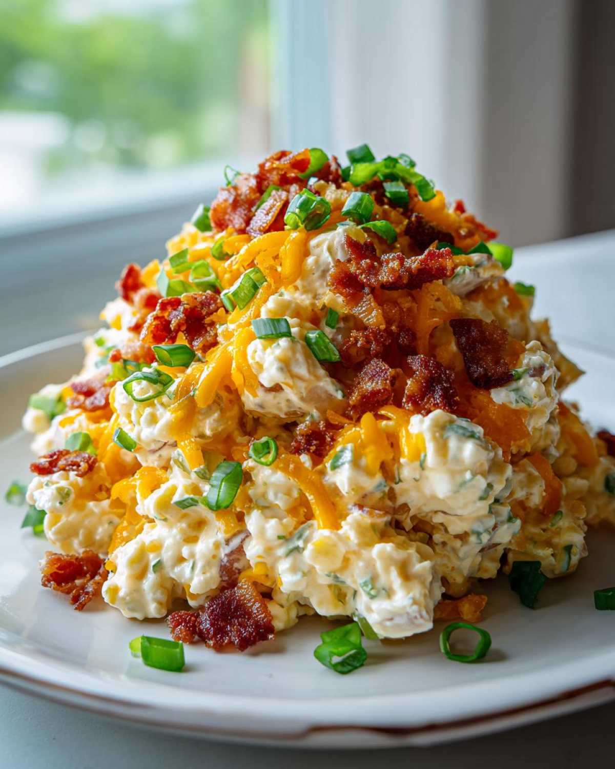 A tall mound of creamy baked potato salad topped generously with shredded cheddar cheese, crispy bacon bits, and chopped green onions.