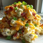 A generous serving of loaded baked potato salad topped with shredded cheddar, bacon bits, and green onions.