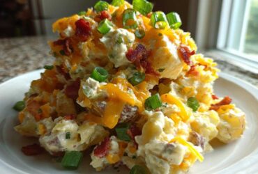 A generous serving of loaded baked potato salad topped with shredded cheddar, bacon bits, and green onions.