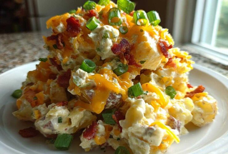 A generous serving of loaded baked potato salad topped with shredded cheddar, bacon bits, and green onions.