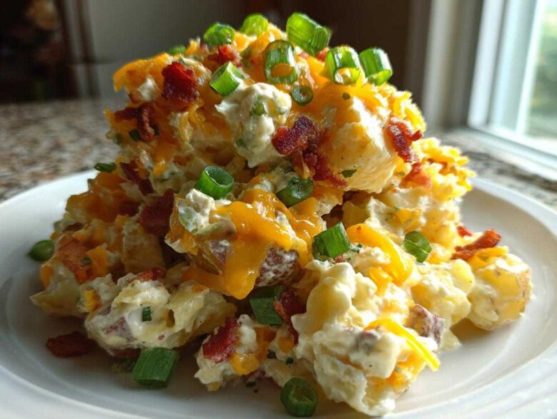A generous serving of loaded baked potato salad topped with shredded cheddar, bacon bits, and green onions.