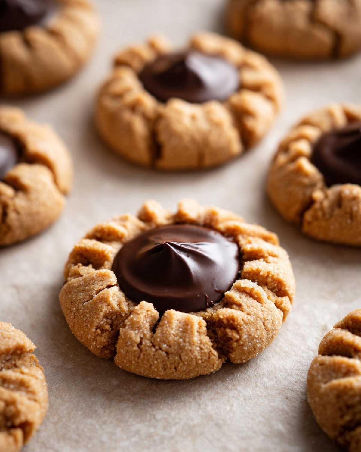 A close-up of a freshly baked peanut butter blossom cookie with a shiny chocolate kiss center.