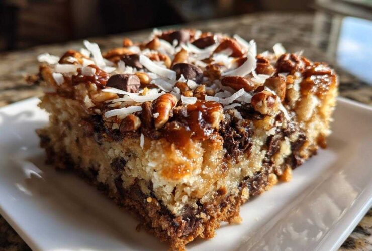 A single, thick slice of magic cookie bars topped with pecans, chocolate chips, and shredded coconut.
