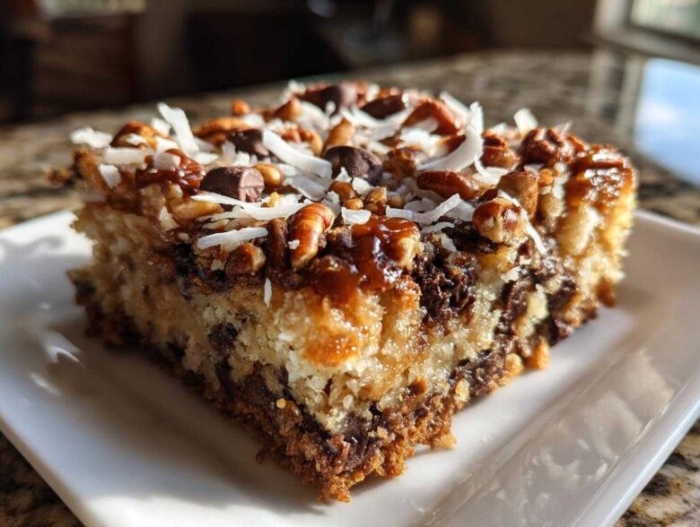 A single, thick slice of magic cookie bars topped with pecans, chocolate chips, and shredded coconut.