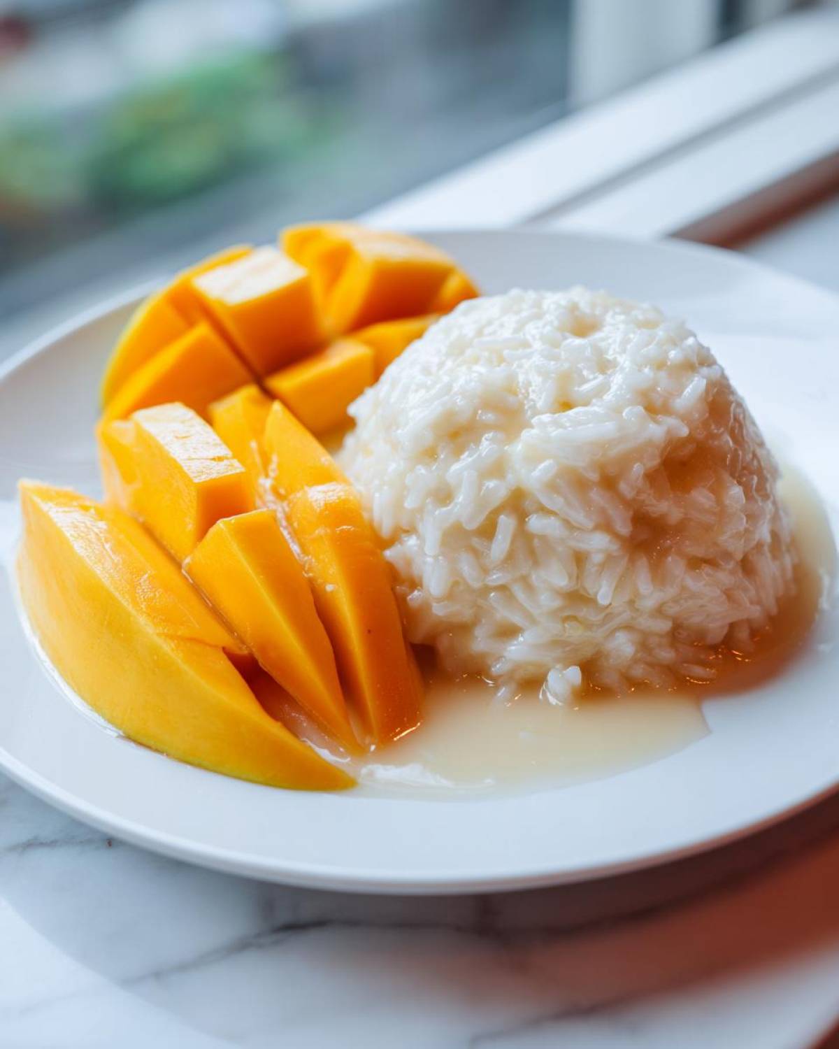 A close-up of sweet mango sticky rice served on a white plate with sliced fresh mango.