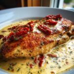A close-up of seared Marry Me Chicken breast covered in creamy sauce and sun-dried tomatoes.