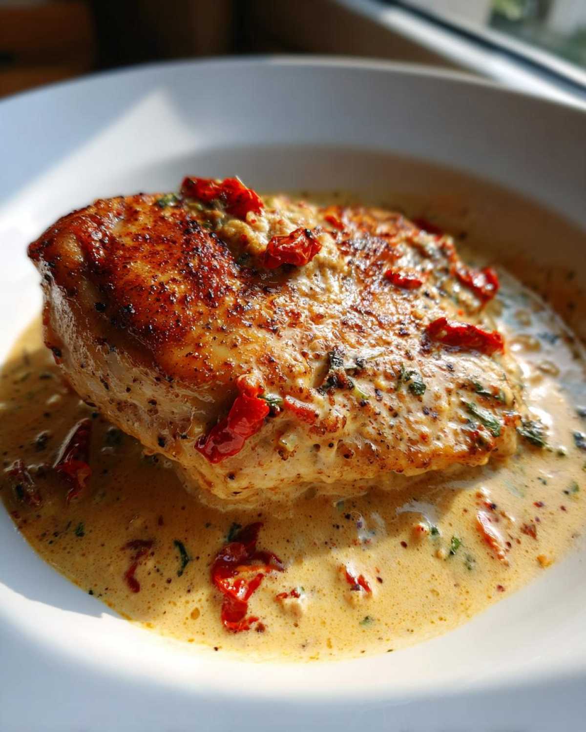 Close-up of a golden-brown seared chicken breast covered in creamy sauce with sun-dried tomatoes, featured in Marry Me Chicken.