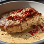 Close-up of a piece of seared Marry Me Chicken covered in a creamy, herb-flecked sauce with sun-dried tomatoes.