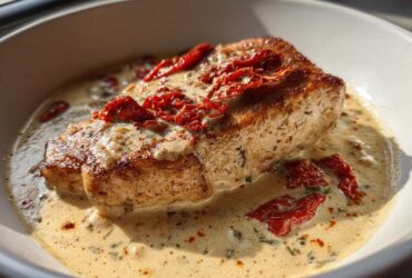 Close-up of a piece of seared Marry Me Chicken covered in a creamy, herb-flecked sauce with sun-dried tomatoes.