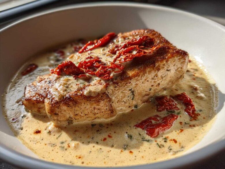 Close-up of a piece of seared Marry Me Chicken covered in a creamy, herb-flecked sauce with sun-dried tomatoes.