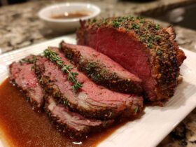 Close-up of sliced medium rare prime rib roast with herb crust, resting in jus on a white platter.