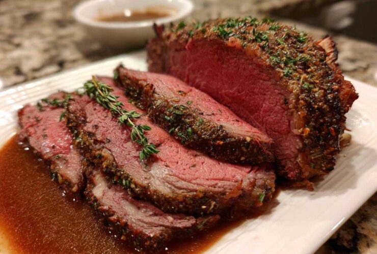 Close-up of sliced medium rare prime rib roast with herb crust, resting in jus on a white platter.