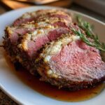 Close-up of three thick slices of medium rare prime rib roast, crusted with herbs, resting in au jus.