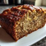Close-up of a thick slice of moist banana bread recipe with a dark, caramelized crust.