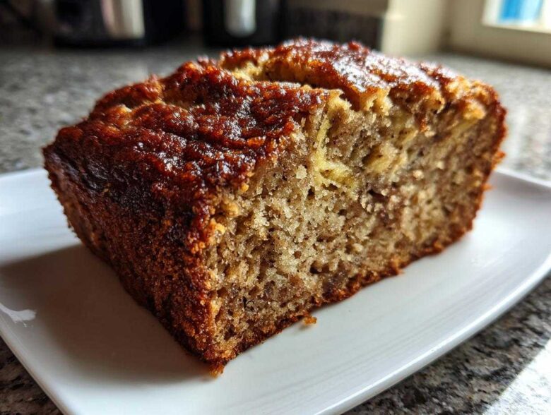 Close-up of a thick slice of moist banana bread recipe with a dark, caramelized crust.