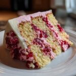 A moist slice of layered cherry cake featuring yellow sponge, pink cherry filling, and white frosting.