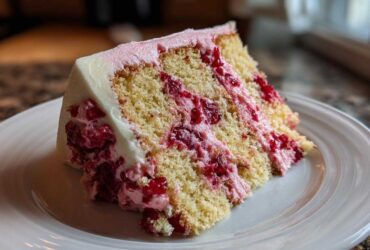 A moist slice of layered cherry cake featuring yellow sponge, pink cherry filling, and white frosting.