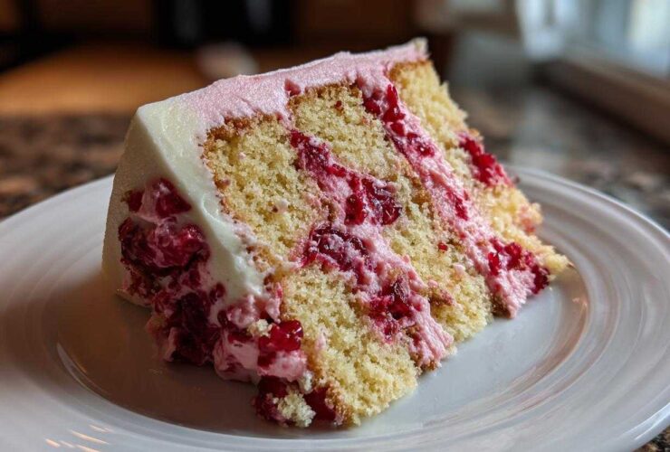 A moist slice of layered cherry cake featuring yellow sponge, pink cherry filling, and white frosting.