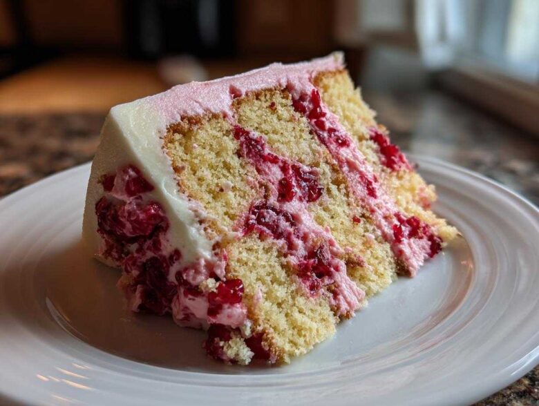 A moist slice of layered cherry cake featuring yellow sponge, pink cherry filling, and white frosting.