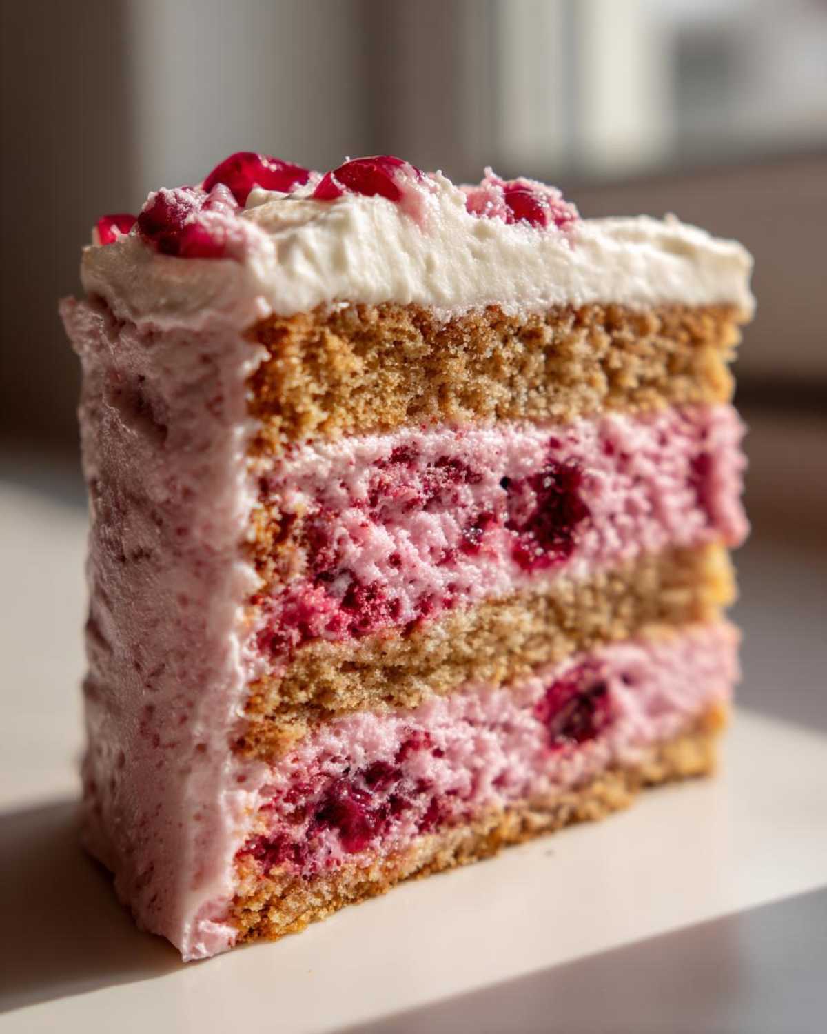 Close-up of a moist slice of cherry cake showing layers of sponge, pink cherry mousse, and white frosting on top.