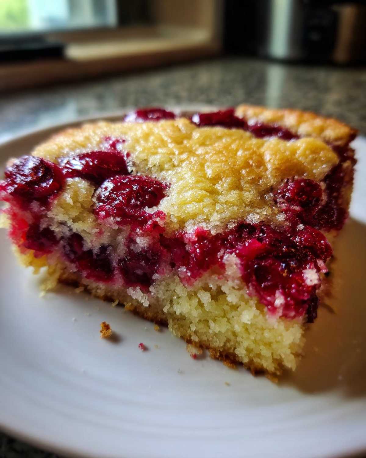 A close-up shot of a moist slice of cherry dump cake showing bright red cherries baked into a golden yellow cake base.