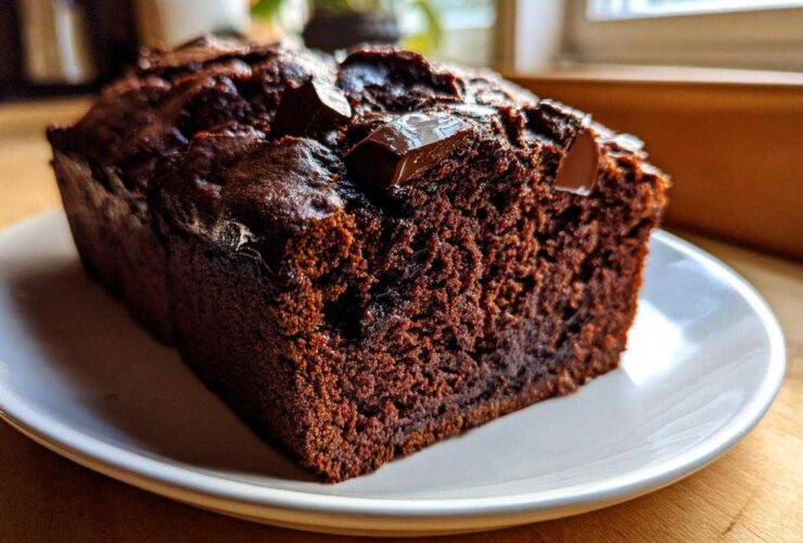 A close-up of a rich, dark chocolate banana bread loaf slice topped with melted chocolate chunks on a white plate.