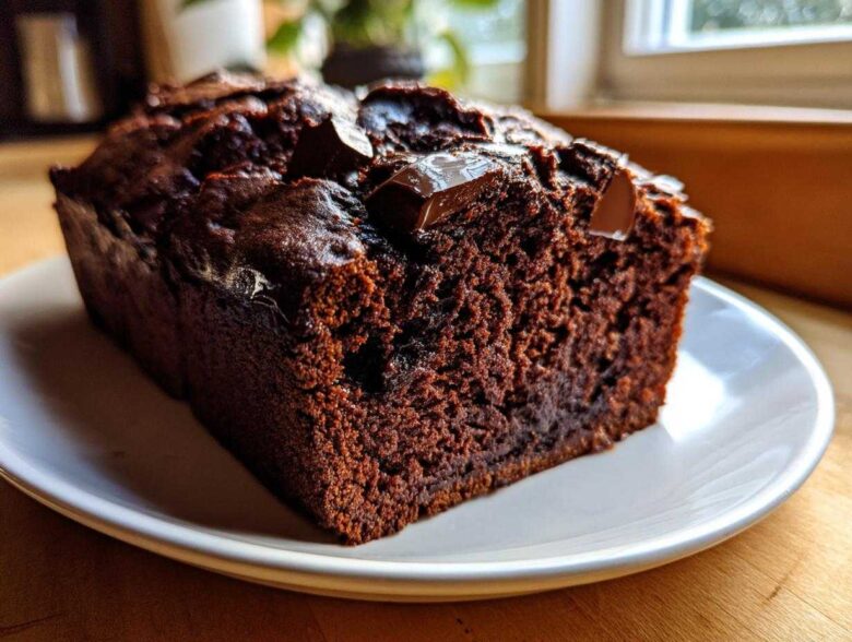 A close-up of a rich, dark chocolate banana bread loaf slice topped with melted chocolate chunks on a white plate.