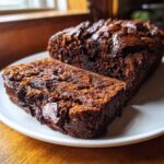 A close-up of a slice cut from a rich, dark chocolate banana bread loaf, showing its moist texture.