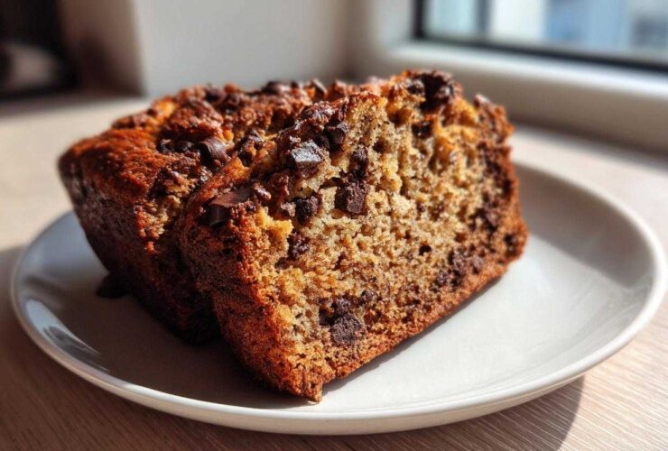 Two slices of moist chocolate chip banana bread recipe on a white plate, perfectly baked.