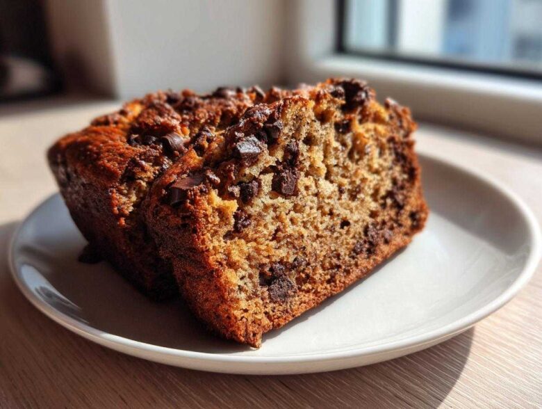 Two slices of moist chocolate chip banana bread recipe on a white plate, perfectly baked.
