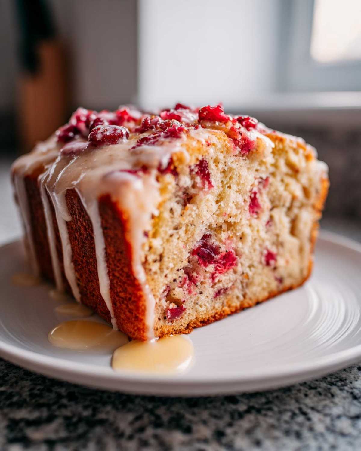 A thick slice of moist cranberry orange bread topped with a sweet glaze and fresh cranberries.