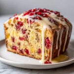 Close-up of a slice of moist cranberry orange bread drizzled heavily with white glaze and topped with cranberries.