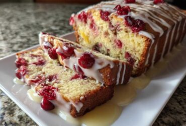 Two slices of moist cranberry orange bread drizzled with white glaze, served next to the loaf.