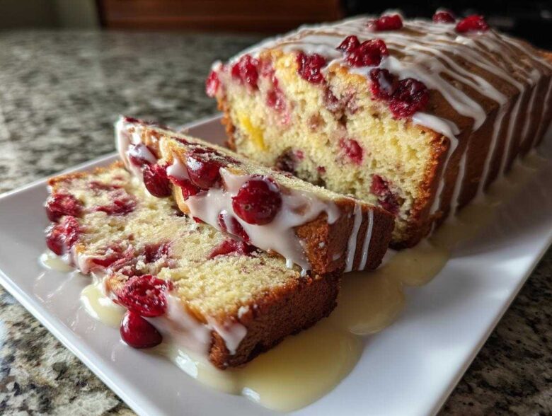 Two slices of moist cranberry orange bread drizzled with white glaze, served next to the loaf.