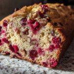 Close-up view of a slice of moist cranberry walnut bread showing bright red cranberries and crunchy walnuts throughout the crumb.
