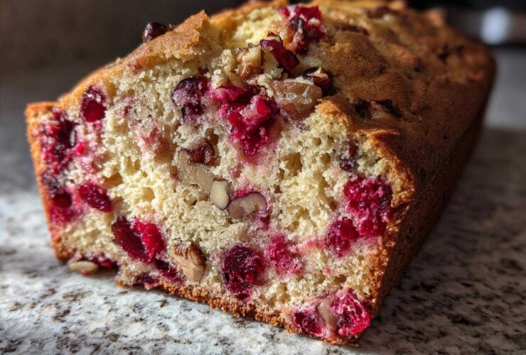 Close-up view of a slice of moist cranberry walnut bread showing bright red cranberries and crunchy walnuts throughout the crumb.