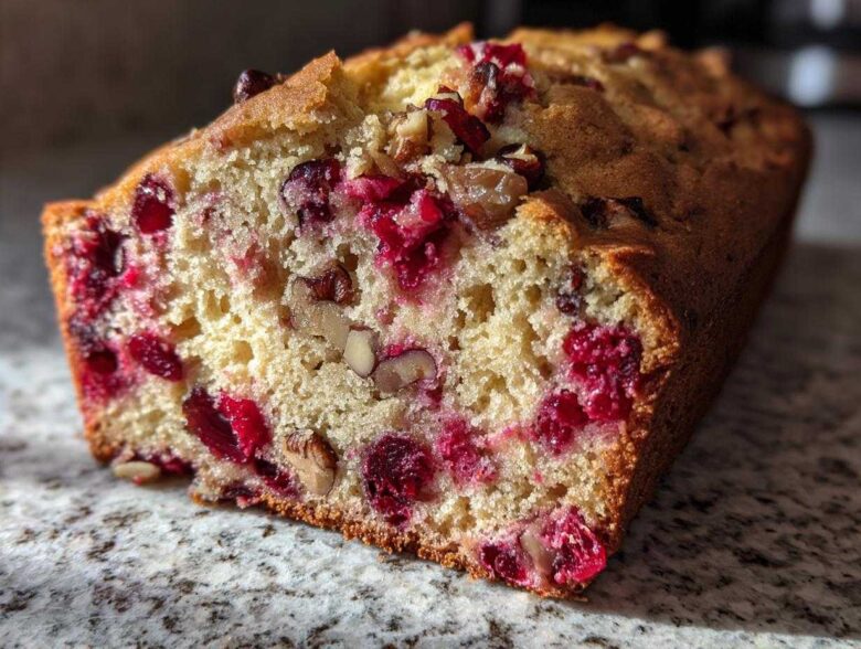 Close-up view of a slice of moist cranberry walnut bread showing bright red cranberries and crunchy walnuts throughout the crumb.