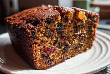 Close-up of a rich, dark slice of moist fruit cake recipe, packed with dried raisins and currants, sitting on a white plate.