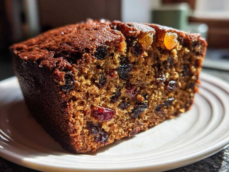 Close-up of a rich, dark slice of moist fruit cake recipe, packed with dried raisins and currants, sitting on a white plate.