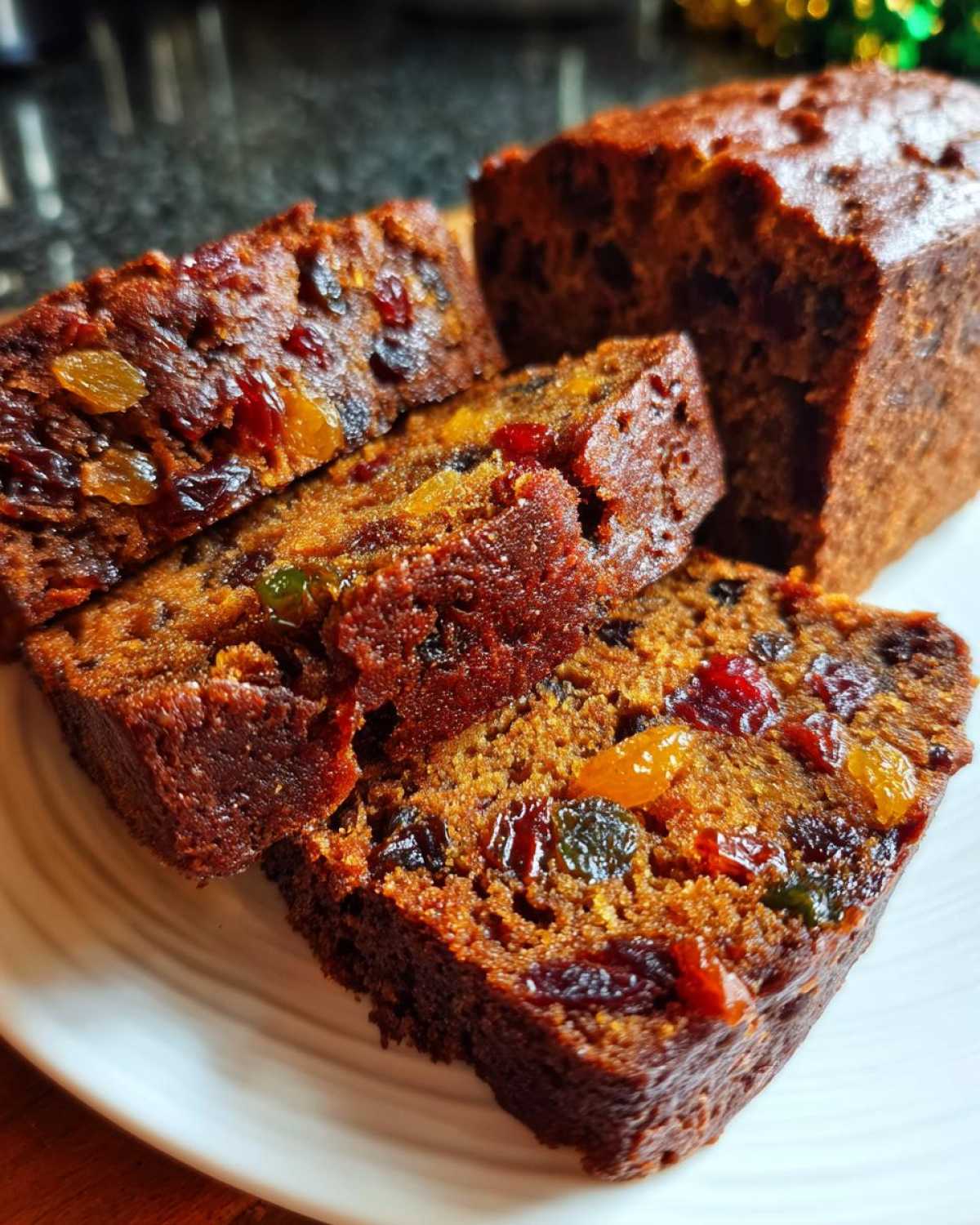 Close-up of moist fruit cake recipe slices showing dark, rich crumb packed with colorful dried and candied fruits.