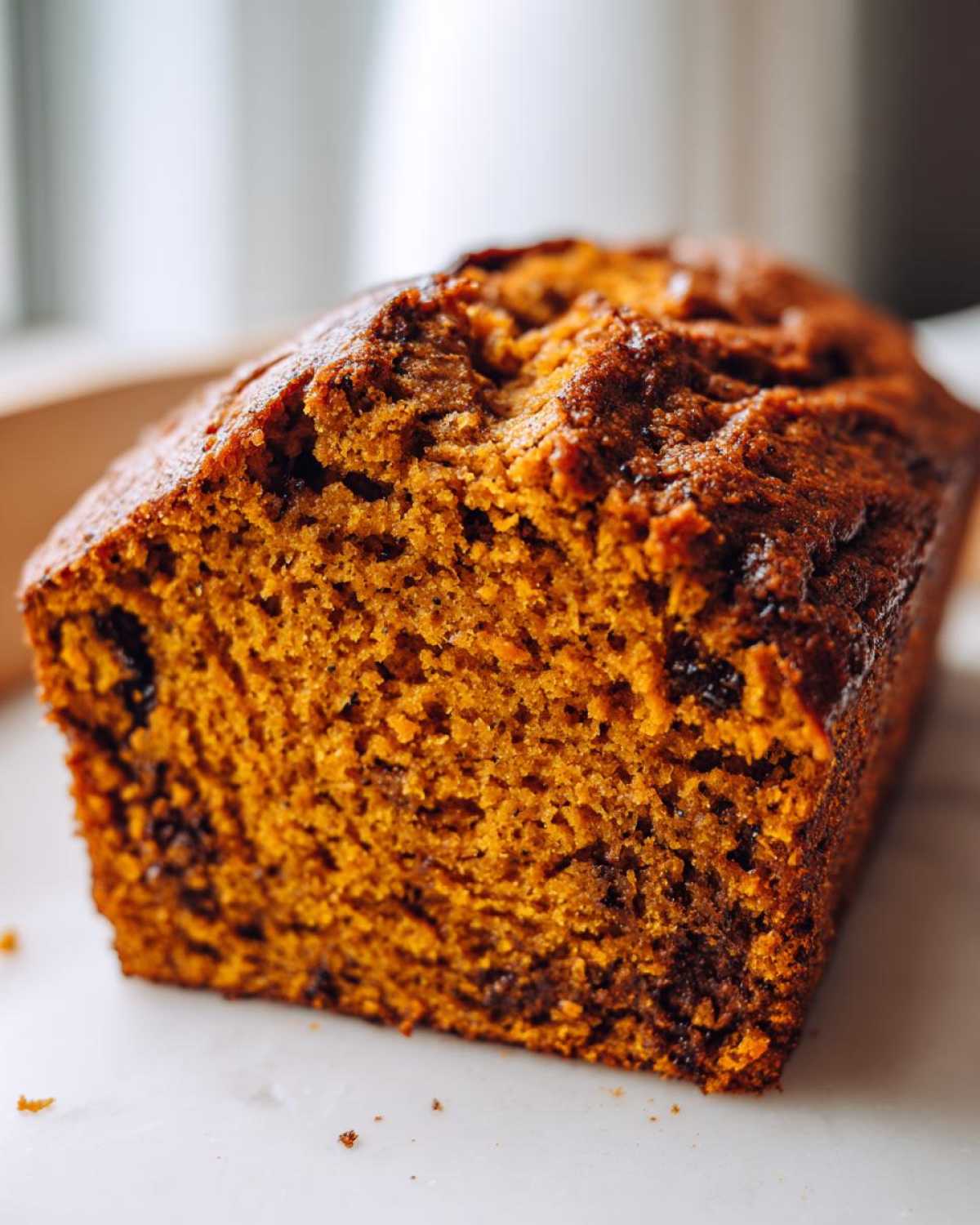 Close-up of a moist, dark orange slice of homemade pumpkin bread showing a tender crumb and chocolate chips.
