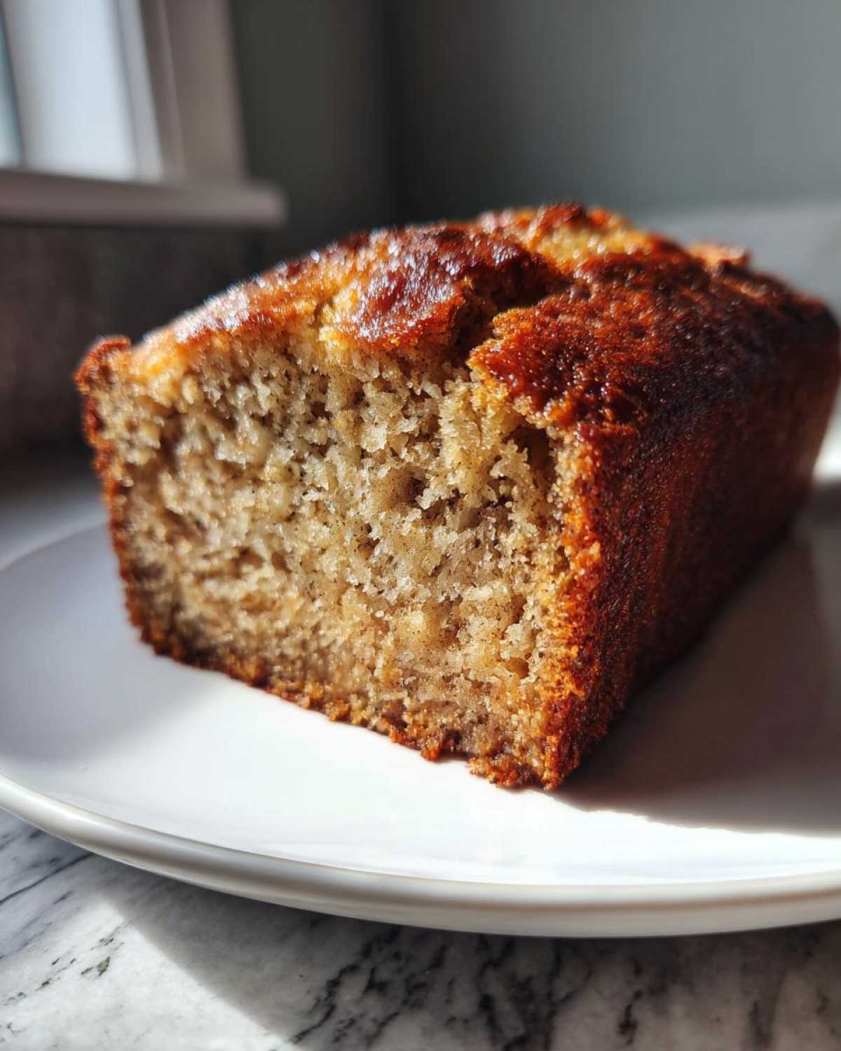 Close-up of a thick slice from a moist banana bread recipe showing its golden-brown crust and soft interior.