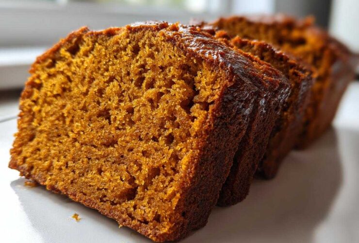 Close-up view showing the moist, dense crumb texture of sliced pumpkin bread.