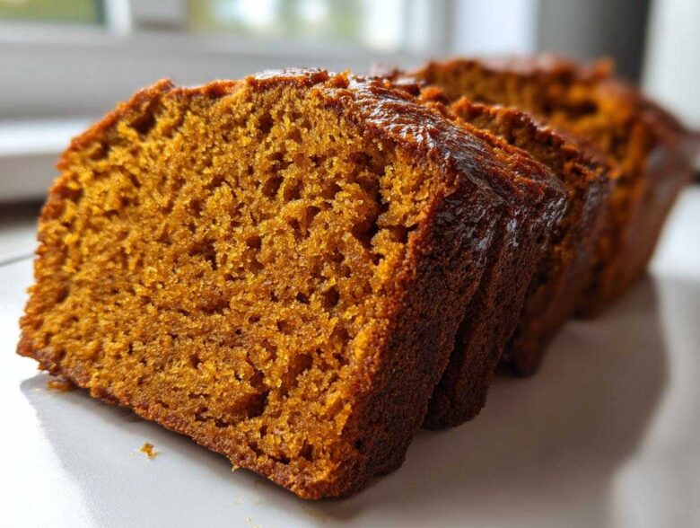 Close-up view showing the moist, dense crumb texture of sliced pumpkin bread.