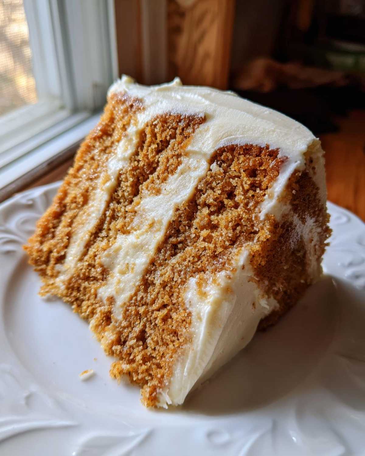 Close-up of a thick slice of moist spice cake layered and topped with creamy white frosting.
